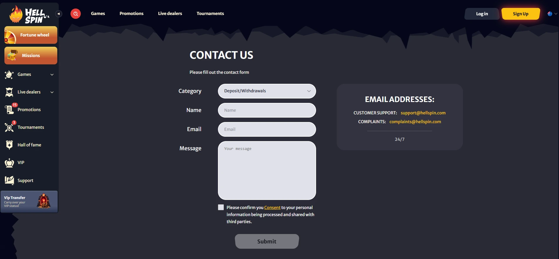Hell Spin contact options with live chat