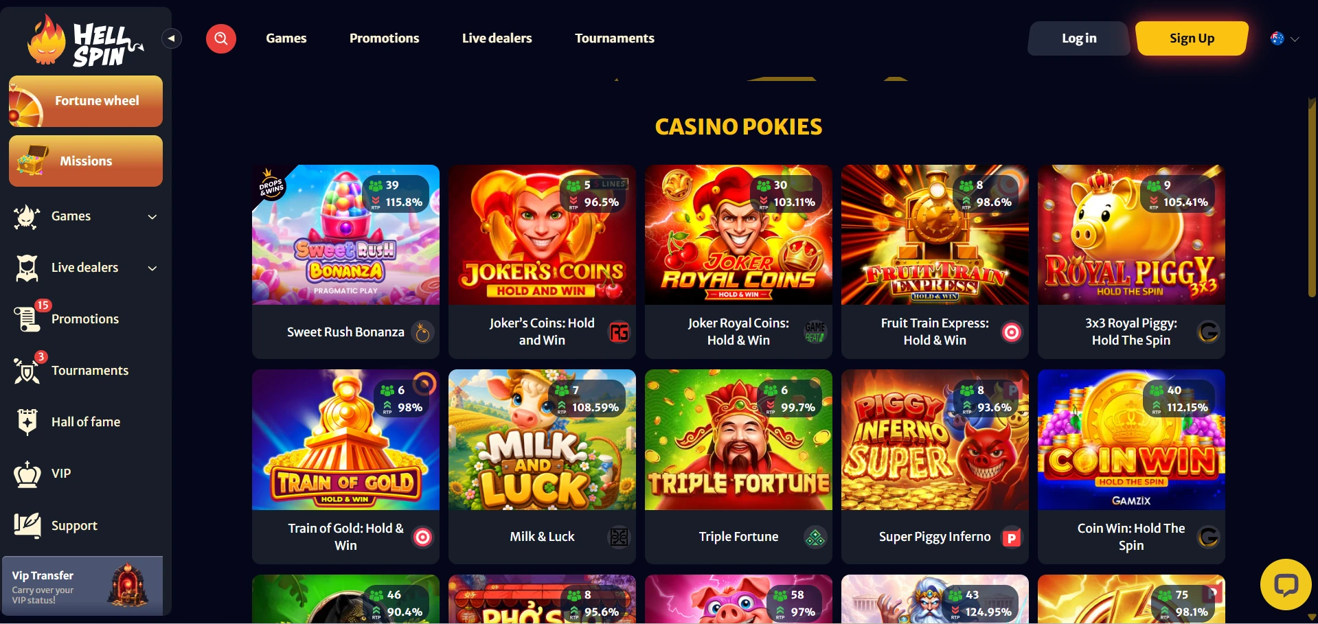 Hell Spin games lobby with game icons