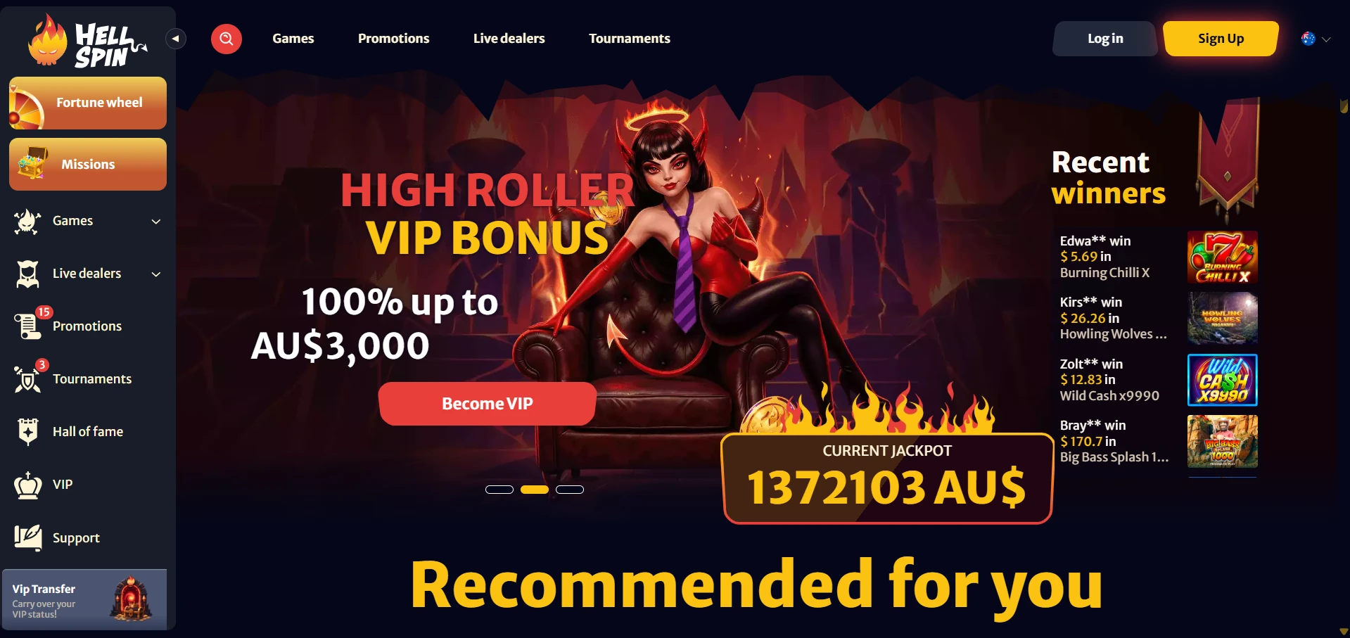 Hell Spin home page as a new Australian visitor first sees it