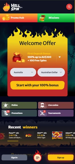 Hell Spin mobile site on a smartphone screen